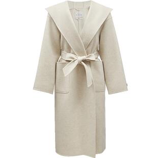 ONLY冬季双面呢山羊绒绵羊毛浴袍连帽设计收腰中长款毛呢大衣外套