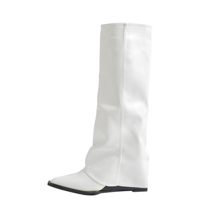 真皮~骄屿法式高跟白色尖头堆堆靴女2025新款秋冬坡跟长筒裤管靴