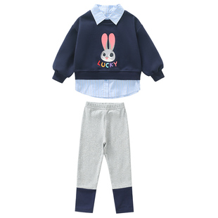 儿童纯棉时髦洋气套装女小童洋气两件套春秋款女童卫衣春装假两件