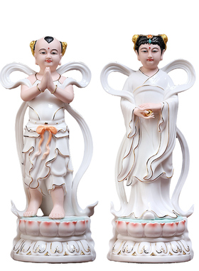 戴玉堂陶瓷供奉观音善财童子摆件