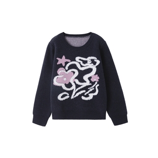 时然大码藏青花朵毛衣冬季加厚原创针织衫微胖mm秋冬上衣显瘦新款