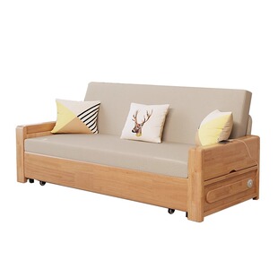 原木色实木沙发床可折叠双人贵妃多功能转角布艺沙发储物坐卧两用