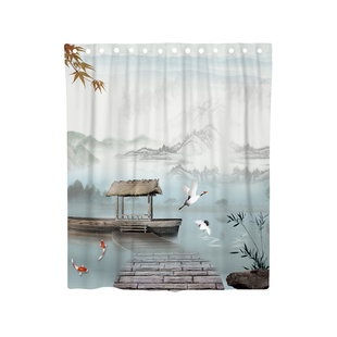 中国风山水画古典水墨涤纶浴室帘防水防霉加厚隔断帘窗帘门帘送环