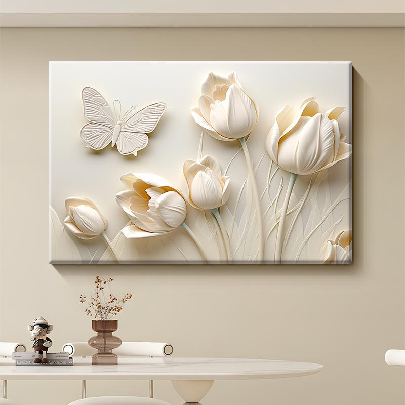 奶油风郁金香餐厅装饰画肌理抽象花卉蝴蝶餐桌高级感背景墙壁挂画