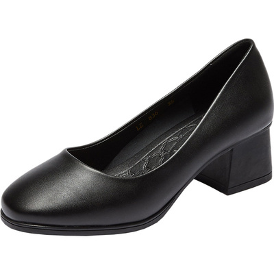 舒适中跟方头软底工作鞋粗跟黑色