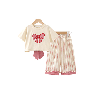 女童夏季套装2025新款洋气时髦女孩韩系夏装小童短袖长裤子两件套