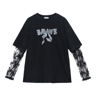 it'real瑞尔美式复古T恤夏季新款拼接蕾丝长袖高街做旧上衣女