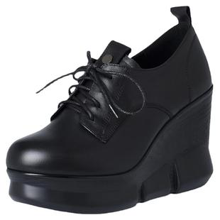 真皮系带厚底坡跟单鞋2025春秋新款百搭女鞋深口防水台高跟牛皮鞋