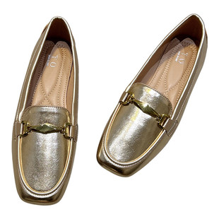 春秋平跟乐福鞋女式皮鞋金属扣银色大码方头单鞋浅色一脚蹬平底鞋