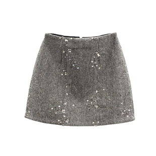 小香风灰色亮片半身裙女2025秋冬新款高腰显瘦a字包臀裙毛呢短裙