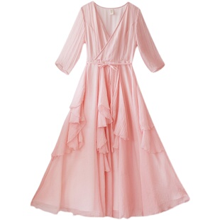 现货【山抹芸微】雪纺连衣裙女高级感春夏季新款大裙摆粉色长裙仙