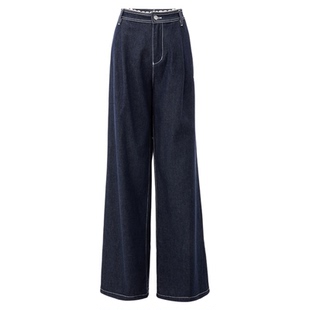 uhot/诱货26春蓝色高腰水洗阔腿牛仔裤复古做旧撞色花边UWLS2K119