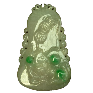 {泠泠七弦上}隆和斋八十年代天然正阳绿老坑翡翠葫芦形荷叶鱼吊坠