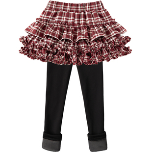 女童假两件长裤格子蛋糕红色裙裤儿童加绒加厚打底裤保暖裤子秋冬