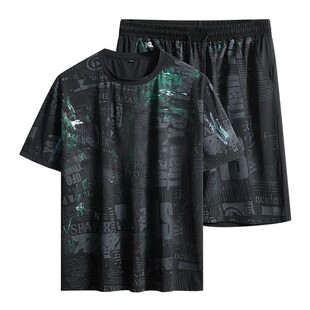 夏季大码冰丝短袖套装男宽松胖子加肥加大潮胖5xl休闲运动两件套