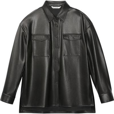 播黑色复古皮质衬衫女冬季宽松酷飒机车服外套DDR4CD5084