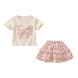 女童夏装套装短袖T恤宝宝夏季韩版洋气时髦时尚蛋糕裙儿童两件套
