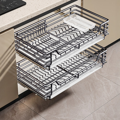 拉篮厨房橱柜双层抽屉式304不锈钢调味碟碗篮内置橱柜收纳碗碟架