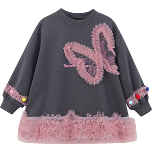 女童连衣裙小女孩休闲卫衣裙春装2026新款洋气儿童拼接网纱公主裙