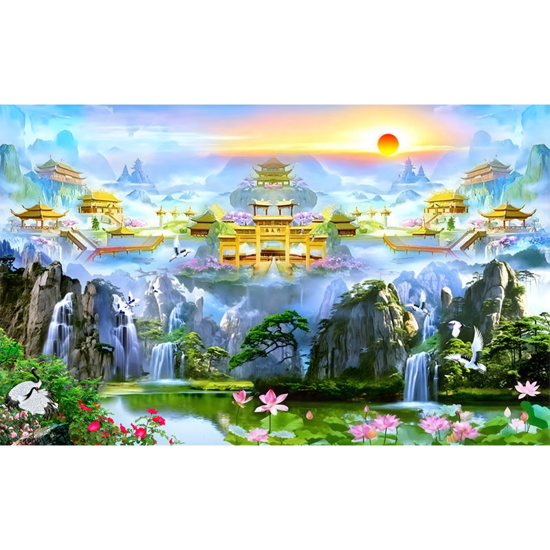 高山流水佛堂壁纸仙境天宫宫殿祥云仙鹤荷花山水仙道佛堂背景墙纸