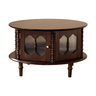 法式复古实木茶几小户型中古风客厅茶几美式家用组合圆形轻奢茶桌