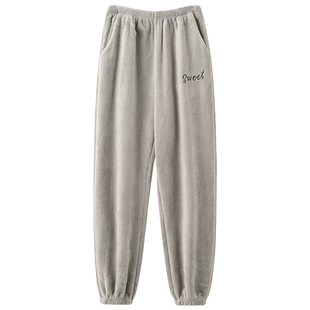 男士睡裤男款冬季珊瑚绒加绒加厚法兰绒长裤子浅灰居家居服秋冬款