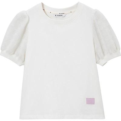 播夏季新款罗纹领口复古泡泡袖贴标装饰圆领T恤女DDQ2YD5246