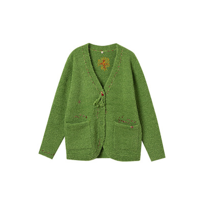 一城画一冬季宽松慵懒风V领纯色长袖中款毛衫外套女14411W321