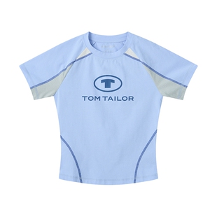 TOM TAILOR短袖T恤女士夏休闲吸湿速干透气网眼拼接圆领上衣运动