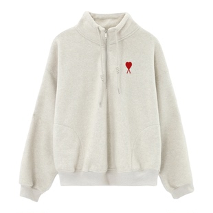 AMI美式灰色翻领半拉链套头卫衣女冬秋新款小个子宽松无帽上衣