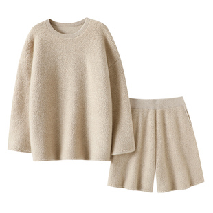 重工牛货！加厚100%纯山羊绒衫女圆领毛衣宽松针织短裤秋冬套装