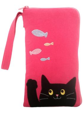 kine猫纯棉刺绣小黑猫卡通可爱单层手机包大容量笔袋手拎收纳包女