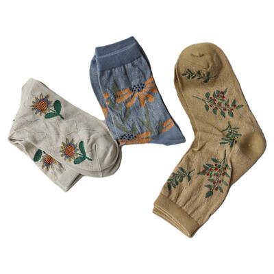 袜子女春夏金银丝复古文艺植物花卉中筒袜纯棉舒适百搭韩版花朵袜