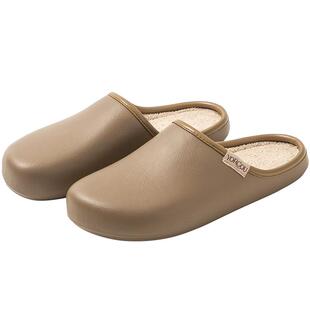 远港男士防水皮纹拖鞋秋冬季室内防滑居家用保暖加绒棉拖鞋女冬天