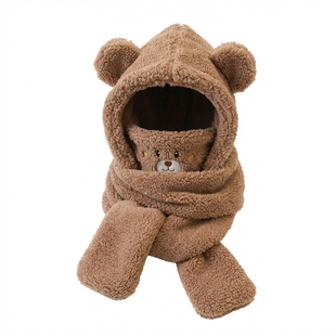 小熊帽子2025新款女冬季围巾一体雷锋帽手套围脖口罩保暖加厚防寒