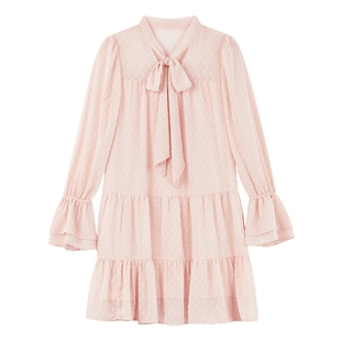 【千金风】秋水伊人V领粉色连衣裙女公主裙2026春新款波点裙子