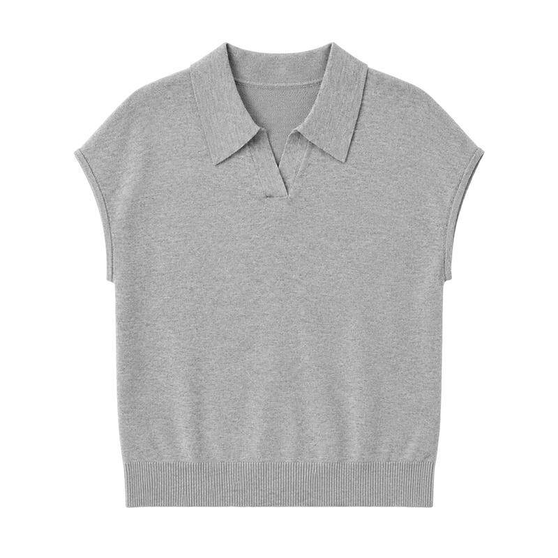 Basic House/百家好天丝桑蚕丝上衣翻领26早秋POLO衫短袖针织衫女