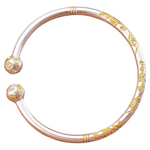 汇宝泉纯银手镯999纯手工新中式心经描金吉言足银镯子送女友礼物