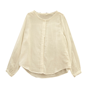 芒桃季 双层棉纱花边立领长袖衬衫女柔软亲肤透气宽松打底上衣