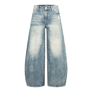 美式复古破洞做旧弯刀裤阔腿牛仔裤宽松显瘦长裤潮流高街风男女款