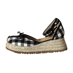 SHANREN 蝴蝶结高跟玛丽珍鞋休闲草编厚底松糕鞋包头中空凉鞋女鞋