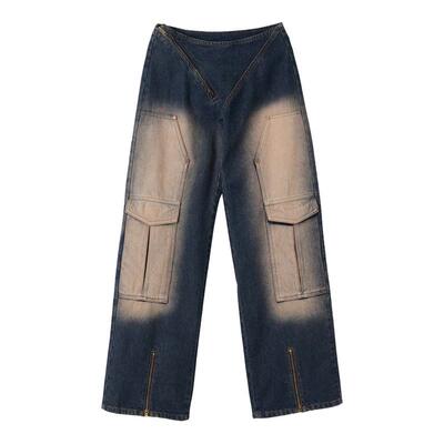 Badee无腰头斜线拉链牛仔裤女韩国小众设计感美式街头开衩喇叭裤