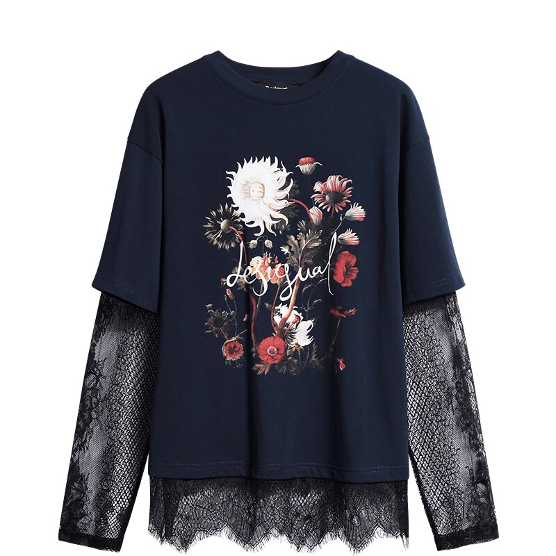 Desigual26秋冬新品宽松蕾丝拼接假两件奇幻花卉印花长袖女式T恤