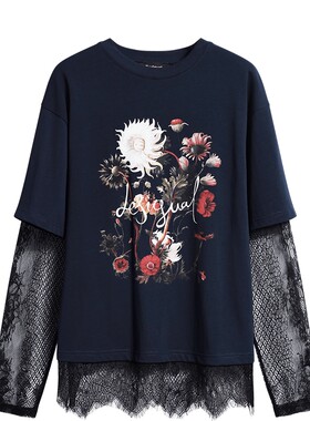 Desigual26秋冬新品宽松蕾丝拼接假两件奇幻花卉印花长袖女式T恤