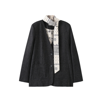 西町村屋气质通勤西装女装2026春季新款简约外套含飘带XHBA10497