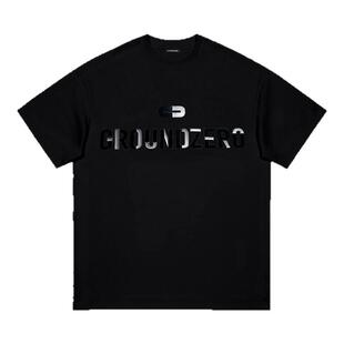 GROUND ZERO国潮K原创复古情侣款黑白纯色设计师立体滴胶字母T恤