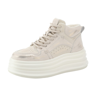 MILLIE'S/妙丽冬季款加绒真皮轻便松糕厚底鞋女高帮时尚休闲板鞋Z