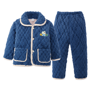 冬款儿童法兰绒睡衣套装男大童女童三层夹棉加绒加厚珊瑚绒家居服