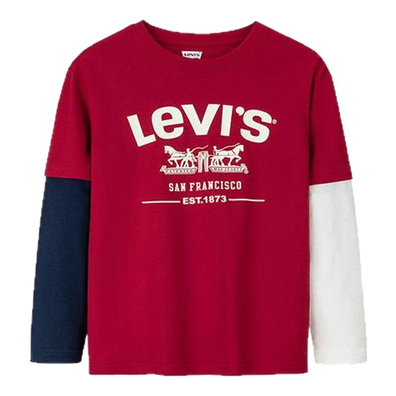 Levi's李维斯春新品红童装假两件长袖T恤男童儿童印花撞色套头长T