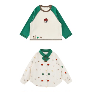 幼悠 男童田园风套装春季绿色小树绣花衬衫撞色插肩袖罗纹圆领T恤